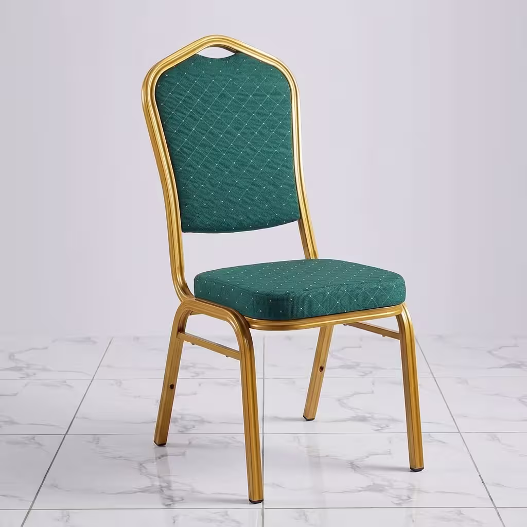 Green Gold Banquet Chair featuring a vibrant forest green fabric upholstered seat and crown backrest, supported by a metallic gold powder-coated steel frame with floor glides.