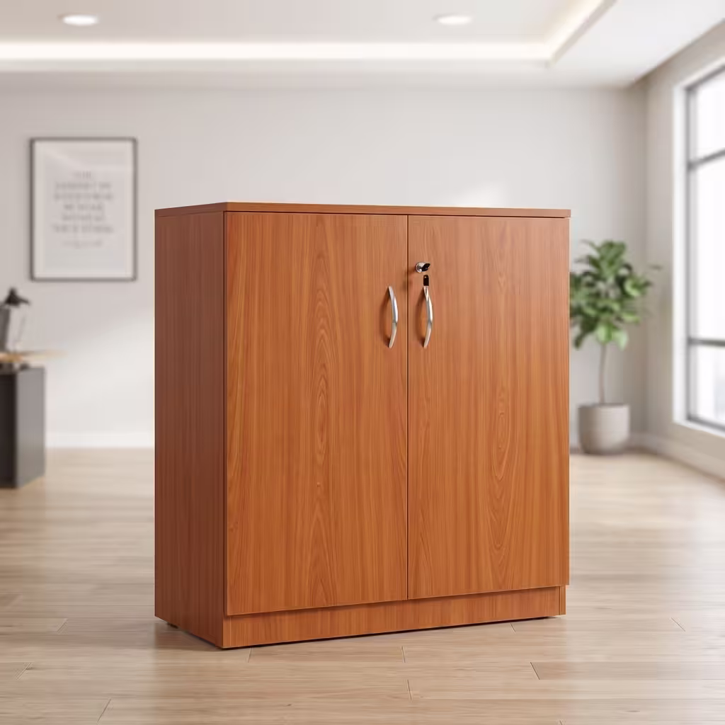 2-door wooden office credenza with polished finish and metallic handles