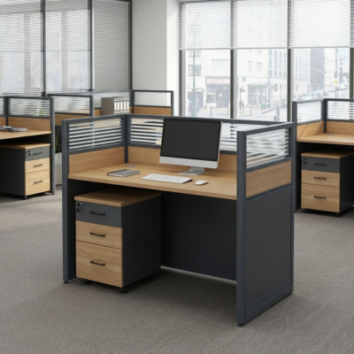 1-way office workstation with modern finish and integrated storage