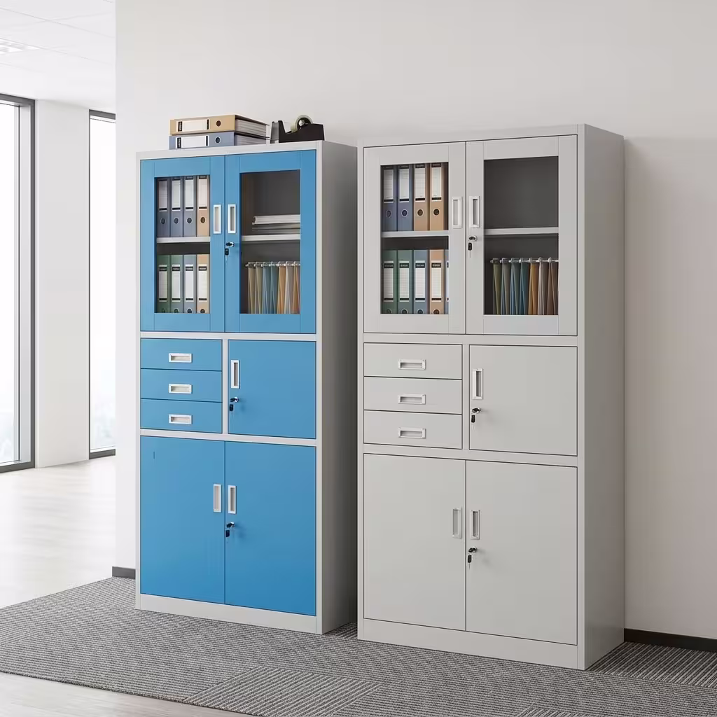 Metallic office filing cabinet with drawers and built-in safe