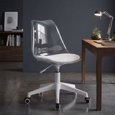 Modern Transparent Swivel Desk Chair featuring a clear contoured acrylic seat and backrest, chrome accents, and a 5-star polished chrome wheeled base.