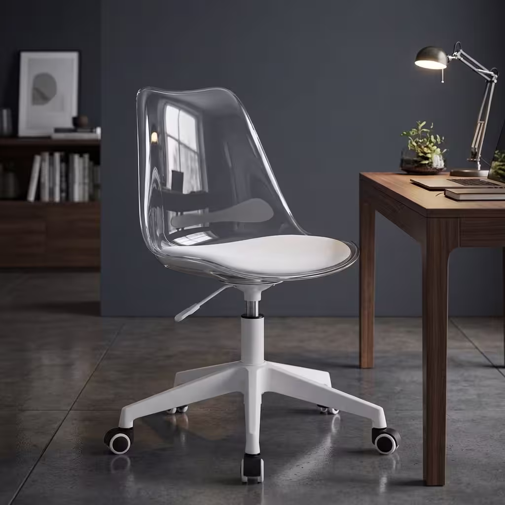 Modern Transparent Swivel Desk Chair featuring a clear contoured acrylic seat and backrest, chrome accents, and a 5-star polished chrome wheeled base.