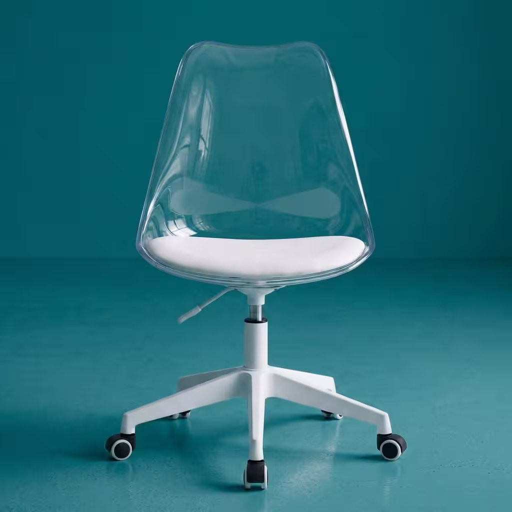 Modern Transparent Swivel Desk Chair featuring a clear contoured acrylic seat and backrest, chrome accents, and a 5-star polished chrome wheeled base.