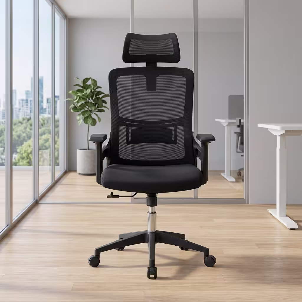 AeroMesh Executive Task Chair with high back black mesh backrest and adjustable 3D armrests for modern corporate office workstations