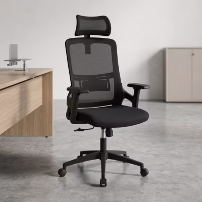 AeroMesh Executive Task Chair with high back black mesh backrest and adjustable 3D armrests for modern corporate office workstations