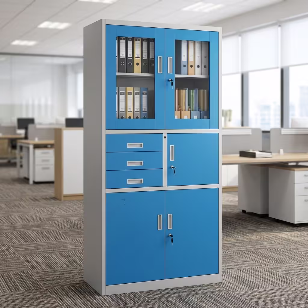 Metallic office filing cabinet with drawers and built-in safe