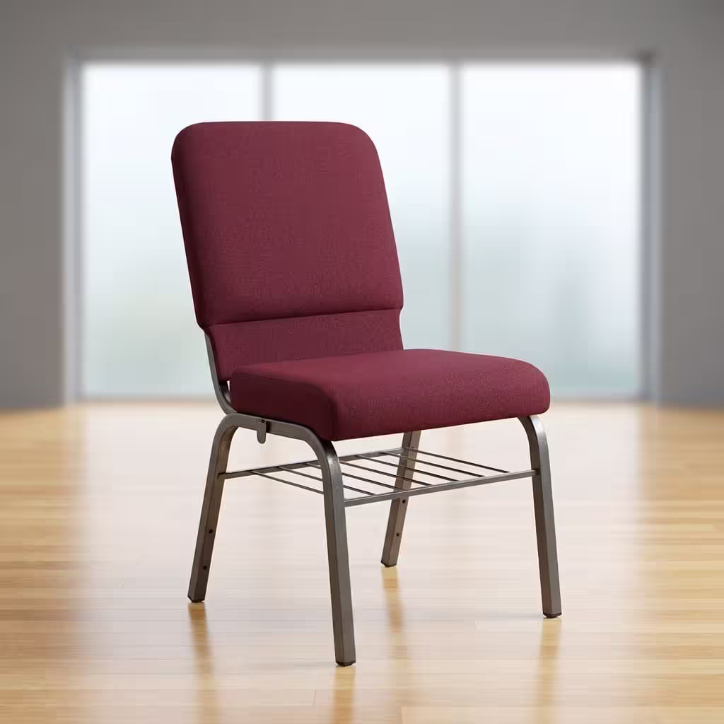 Heavy duty maroon church banquet chair with cushioned seat and metallic frame