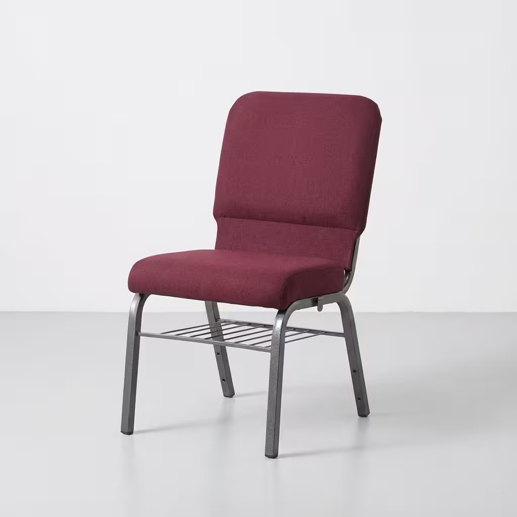 Heavy duty maroon church banquet chair with cushioned seat and metallic frame