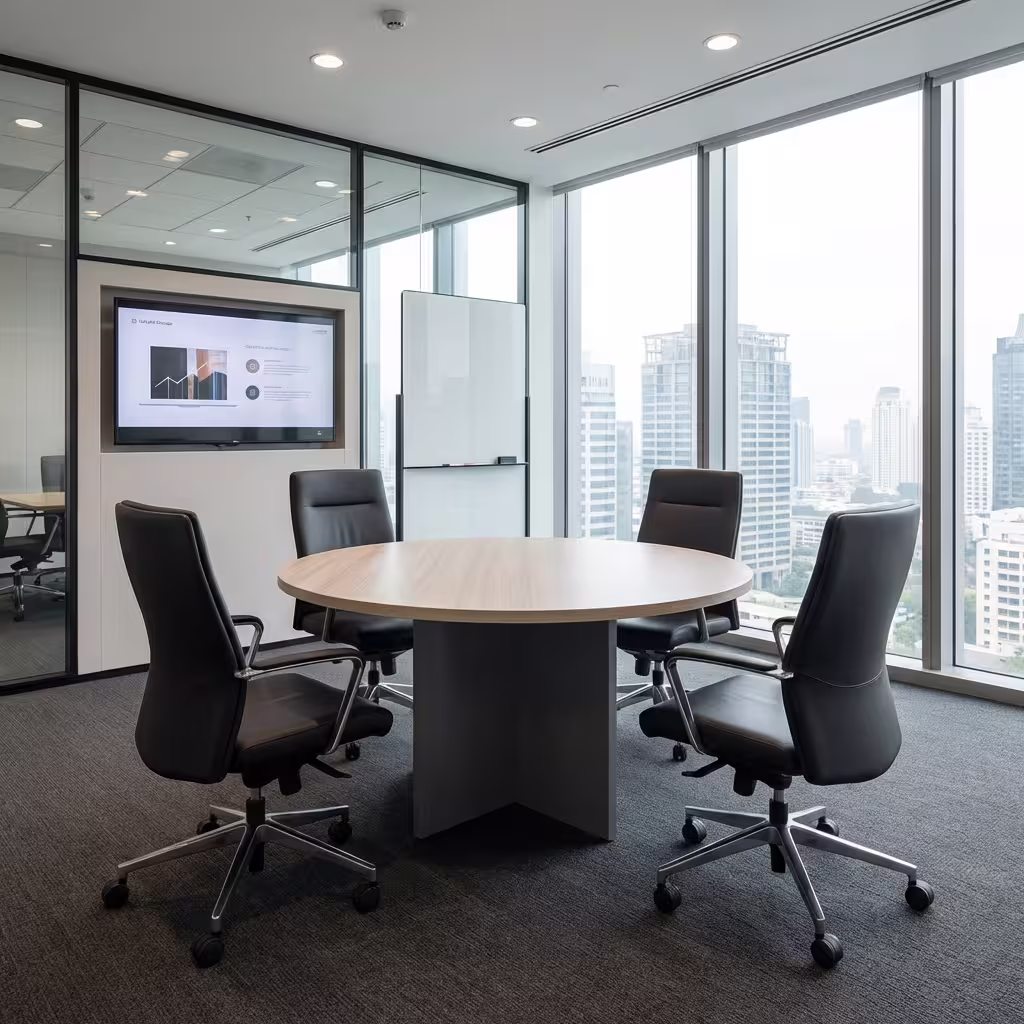 Round boardroom table with modern finish and stable base