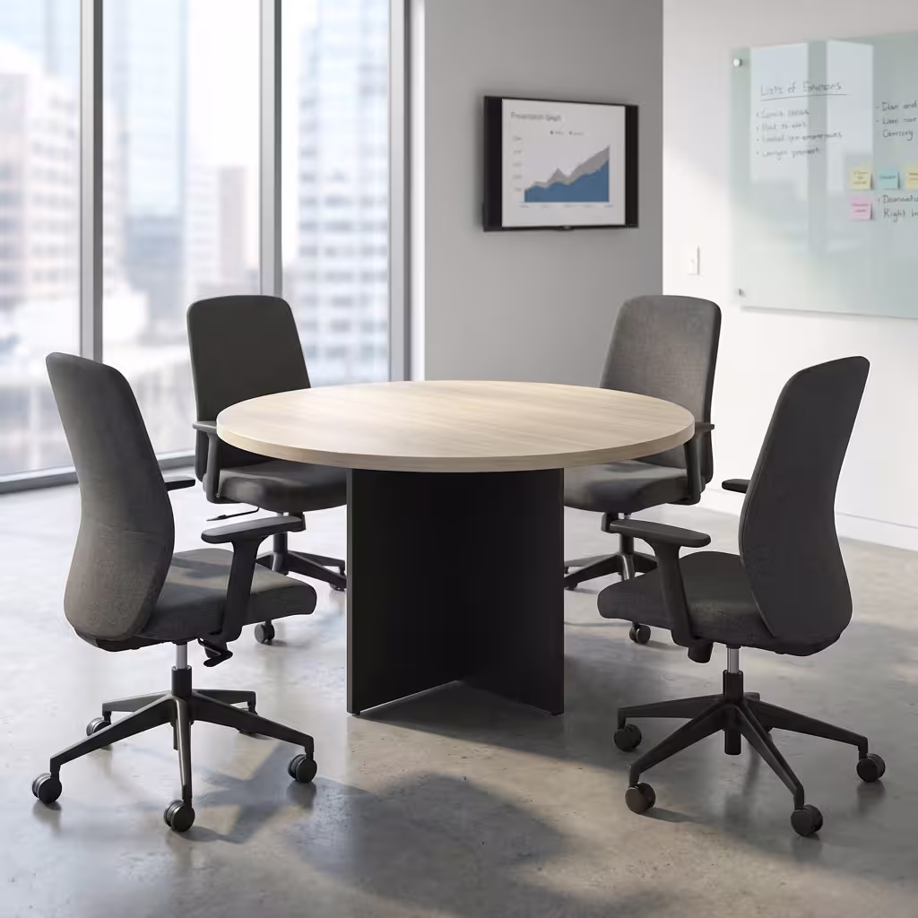 Round boardroom table with modern finish and stable base