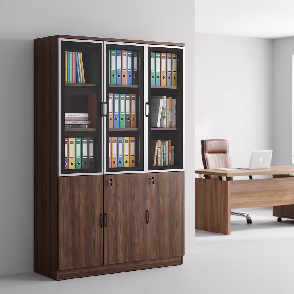 3-door wooden office cabinet with polished finish and secure handles