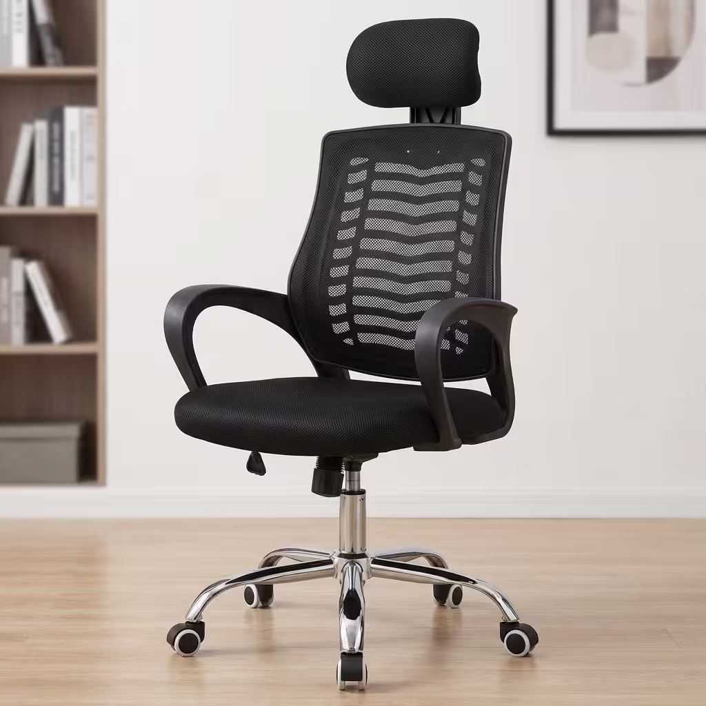 Swivel headrest mesh office chair with cushioned seat and chrome base