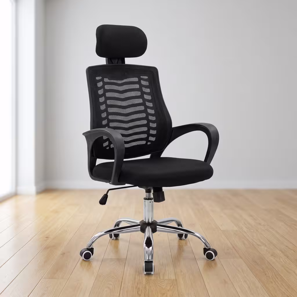 Swivel headrest mesh office chair with cushioned seat and chrome base