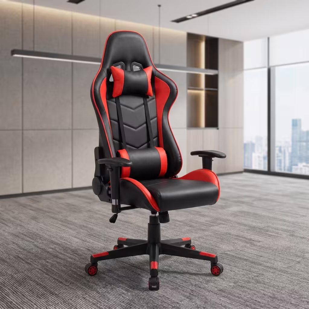 Red and black gaming chair with ergonomic design and cushioned support
