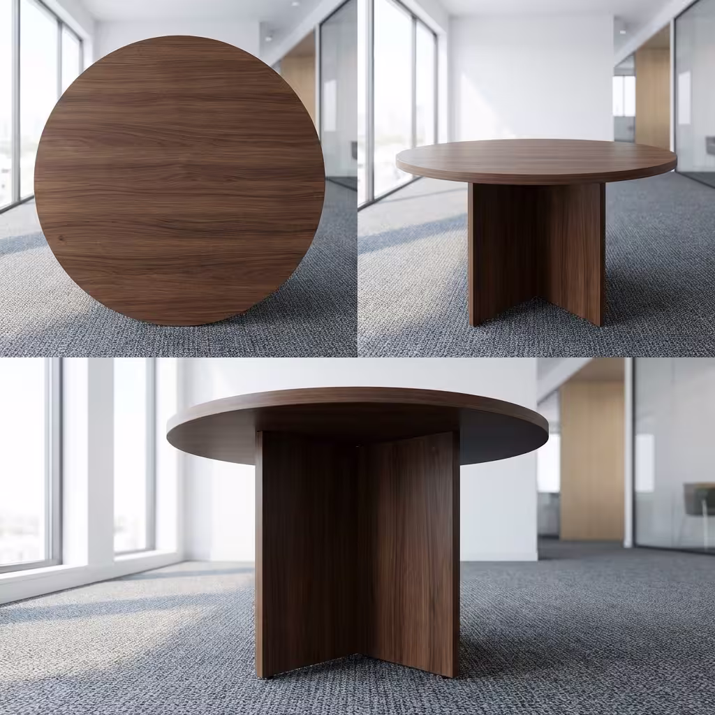 Round wooden conference table with polished finish