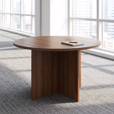 Round wooden conference table with polished finish