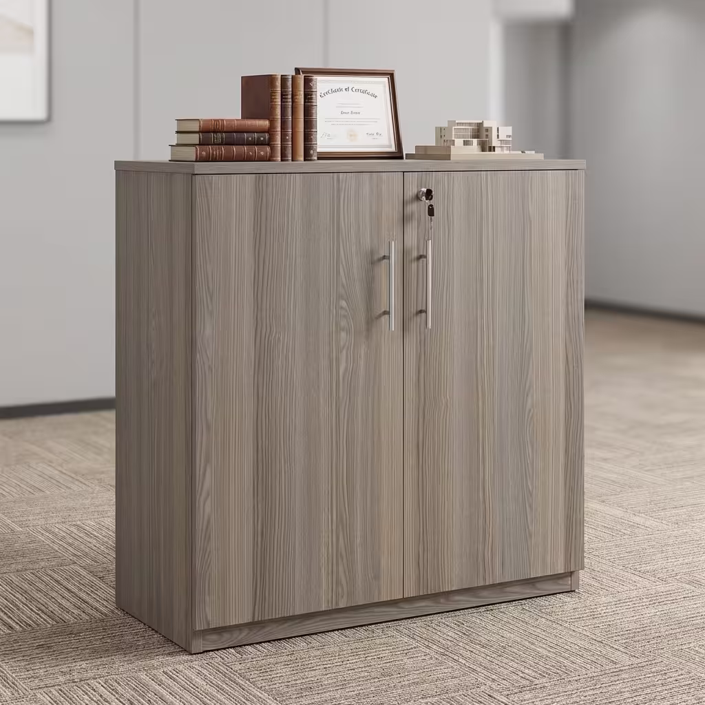 2-door wooden office credenza with polished finish and metallic handles