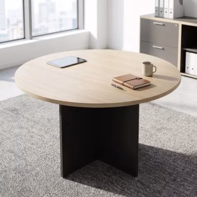 Round boardroom table with modern finish and stable base