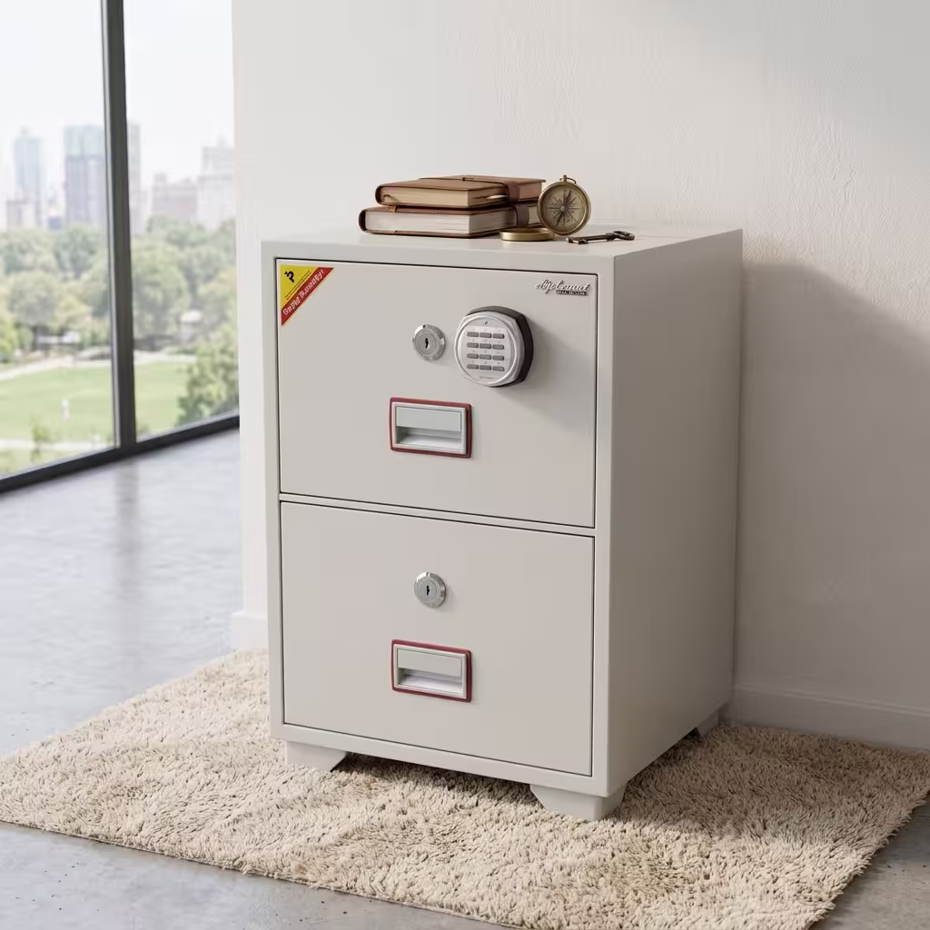 2-drawer Diplomatic fireproof safe with digital keypad and key locks