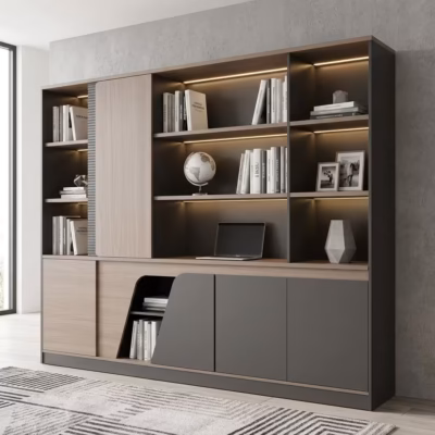 Executive wall office cabinet with shelves and lockable compartments