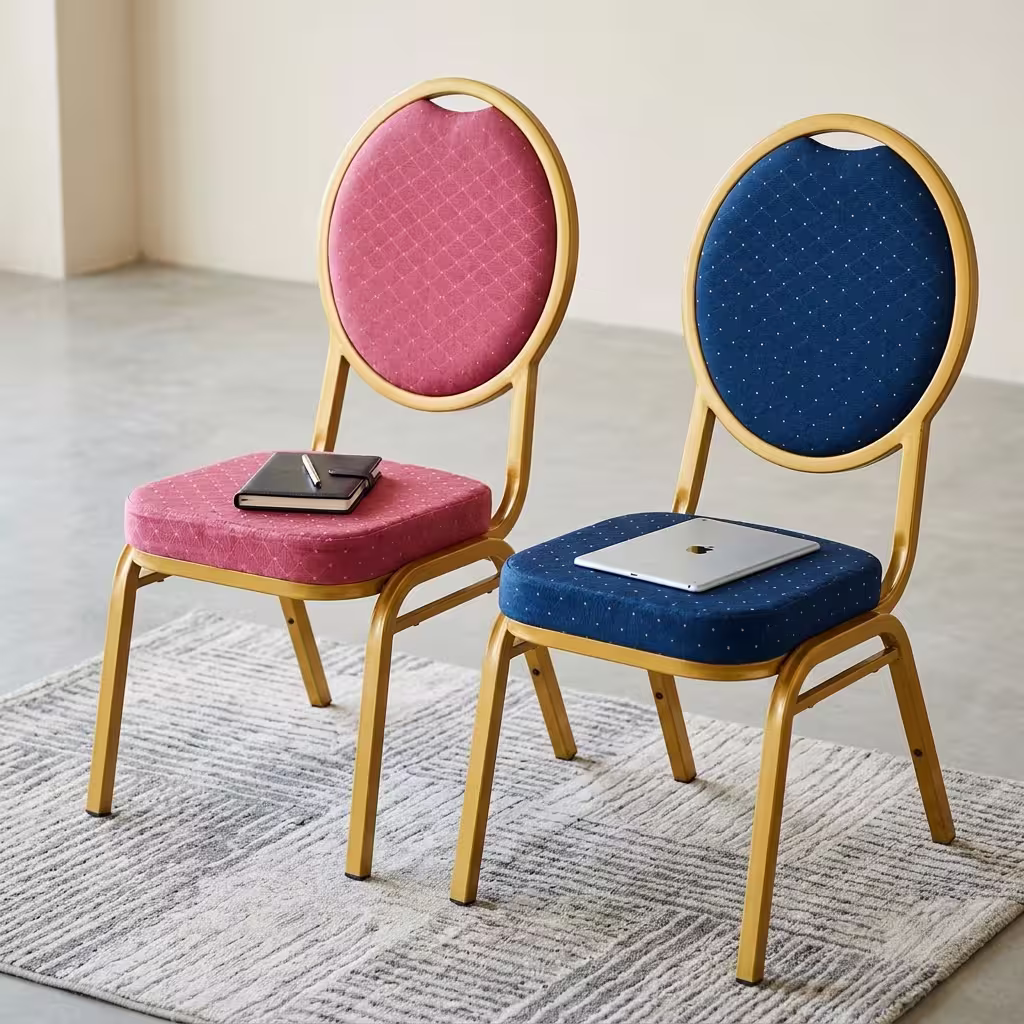 Stackable banquet chair with cushioned seat and metallic frame