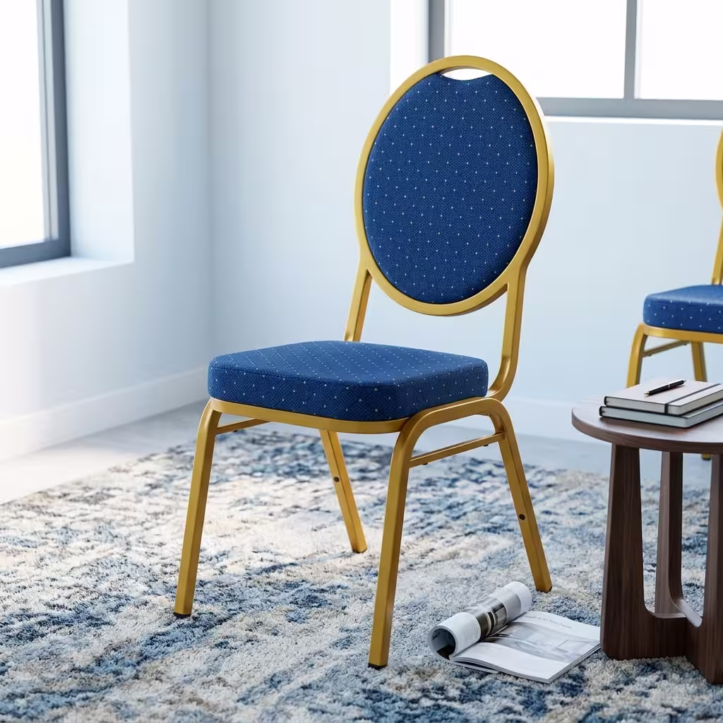 Stackable banquet chair with cushioned seat and metallic frame