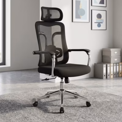 Orthopedic black office chair with cushioned seat and mesh backrest
