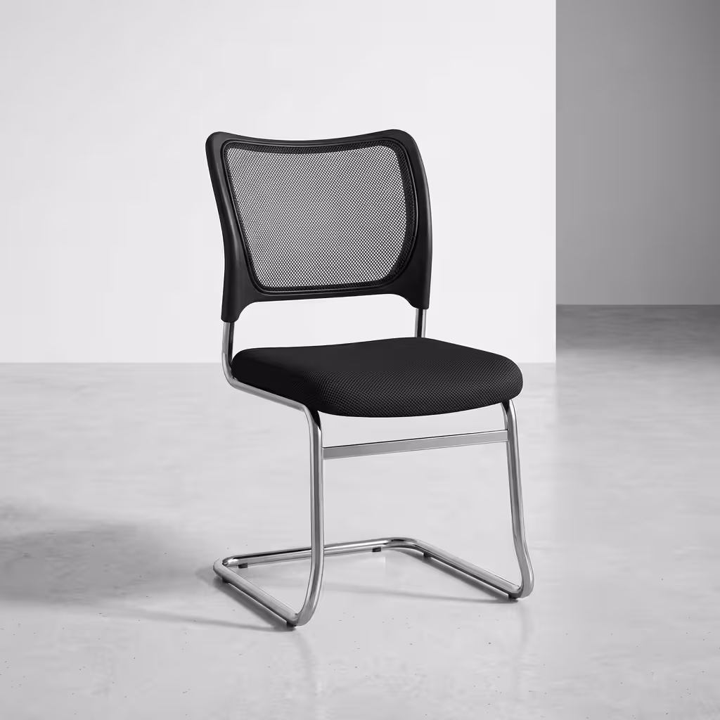 Black mesh waiting office chair with cushioned seat and metal frame