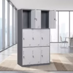 9 locker office filing cabinet with lockable steel compartments, ventilation slots, and grey finish for secure workplace storage.