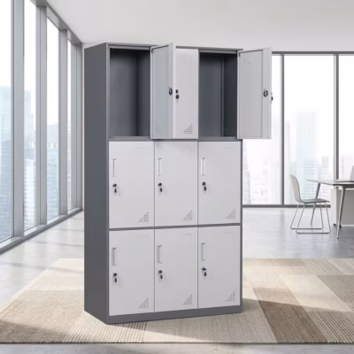 9 locker office filing cabinet with lockable steel compartments, ventilation slots, and grey finish for secure workplace storage.