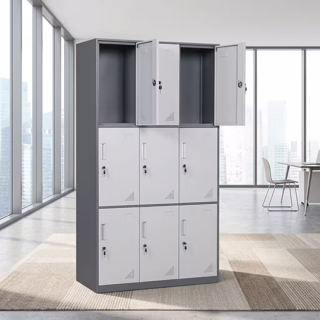 9 locker office filing cabinet with lockable steel compartments, ventilation slots, and grey finish for secure workplace storage.