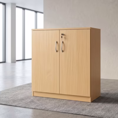 Wooden office credenza cabinet with lockable double doors, interior shelf, metal handles, and light wood-grain finish.