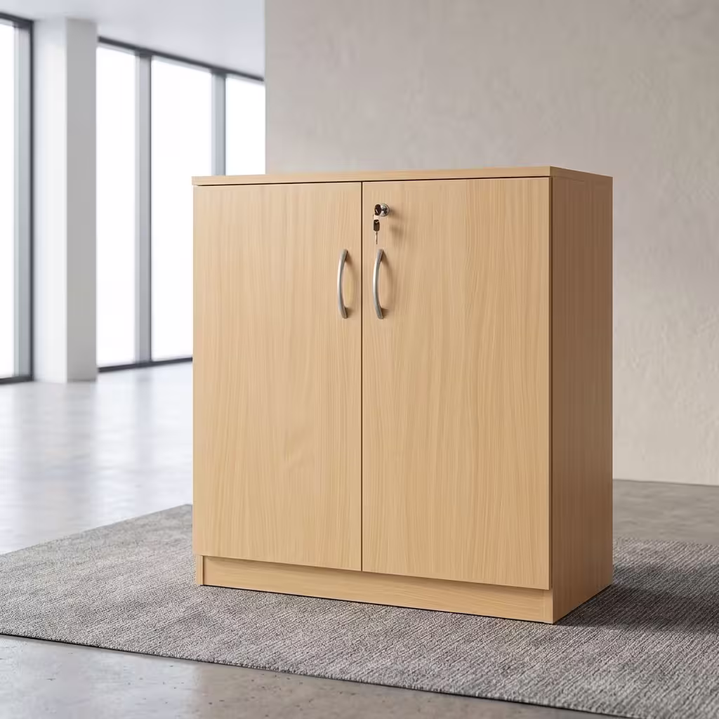 Wooden office credenza cabinet with lockable double doors, interior shelf, metal handles, and light wood-grain finish.