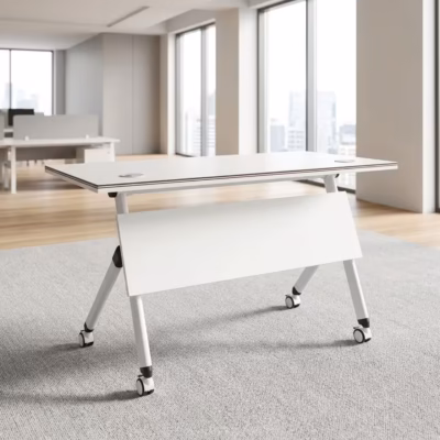 Foldable training table with white tabletop, caster wheels, modesty panel, and under-table storage rack for flexible workspaces.