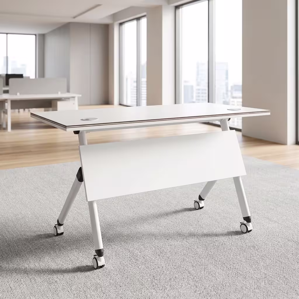 Foldable training table with white tabletop, caster wheels, modesty panel, and under-table storage rack for flexible workspaces.