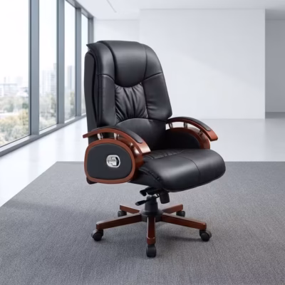 Directors reclining office seat with black leather upholstery, rich mahogany armrests, cushioned high back, and wooden swivel base.
