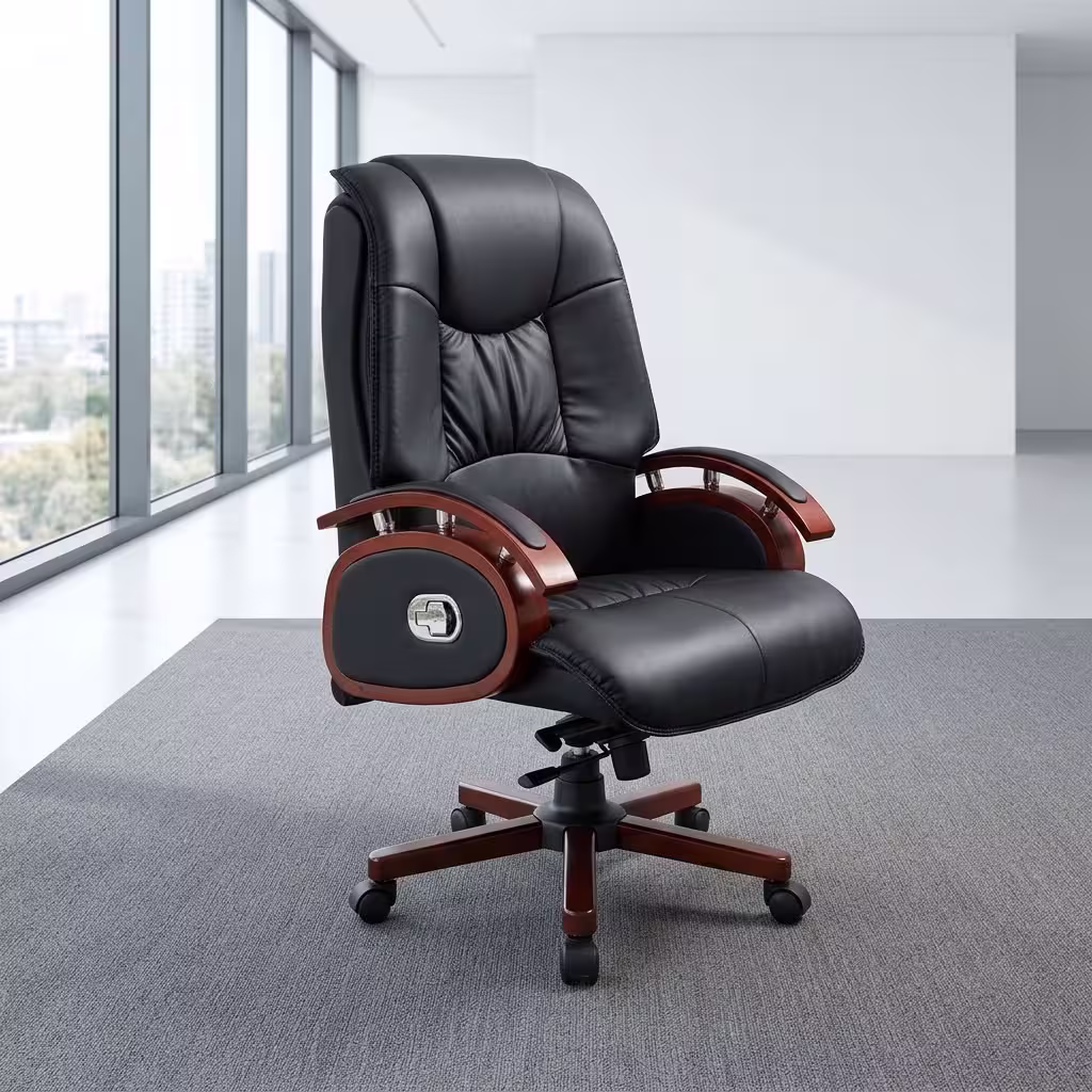 Directors reclining office seat with black leather upholstery, rich mahogany armrests, cushioned high back, and wooden swivel base.