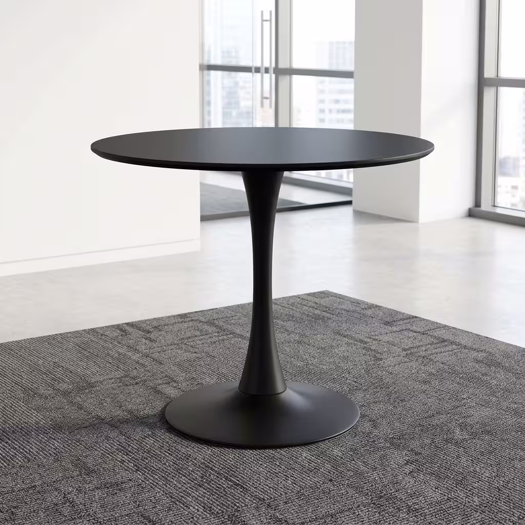 Modern Home Office Round Eames Dining Table with round matte tabletop and tulip pedestal base in black and white finishes.