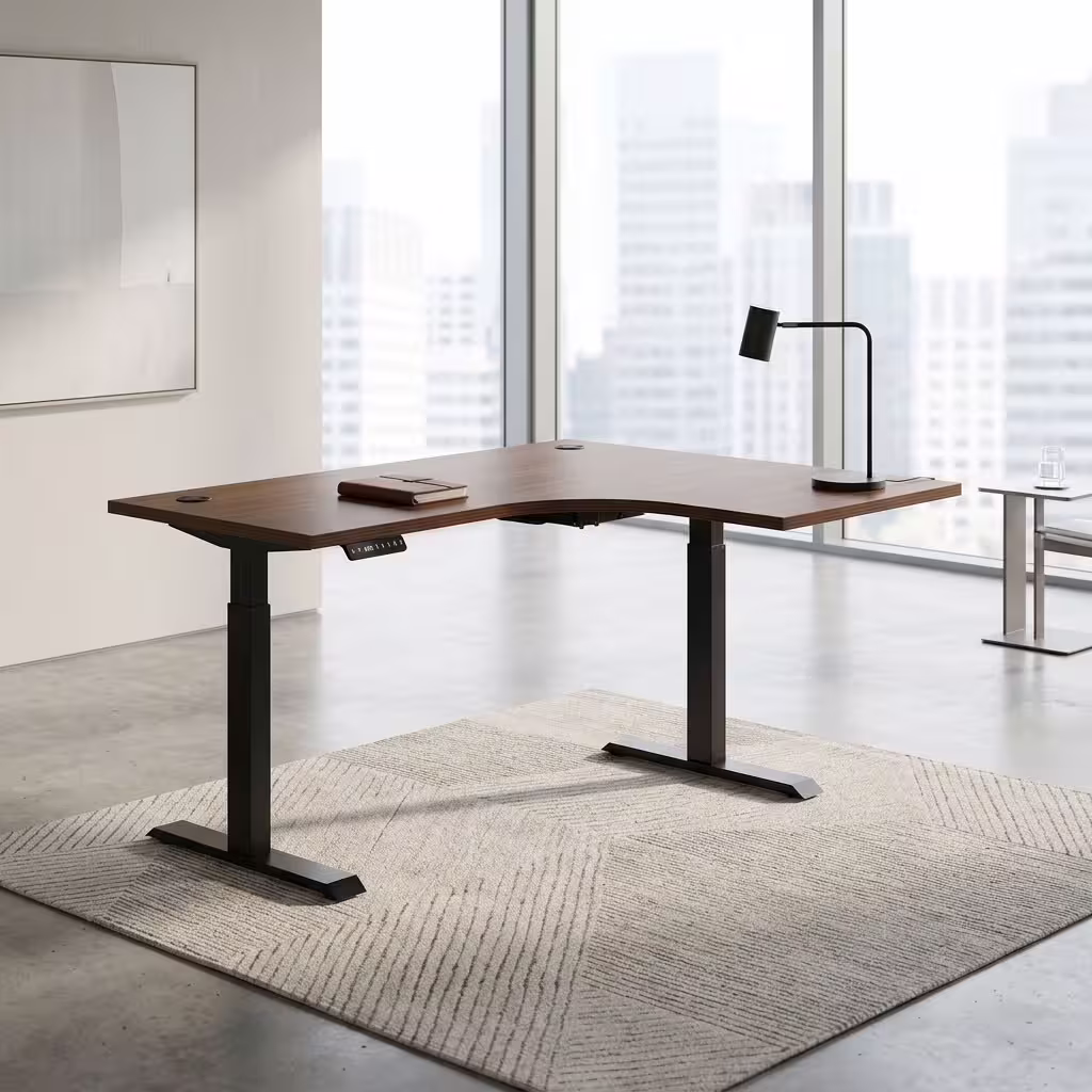 1.4M L-shaped height adjustable electric desk with wood-grain tabletop, electric controls, cable ports, and black steel legs.