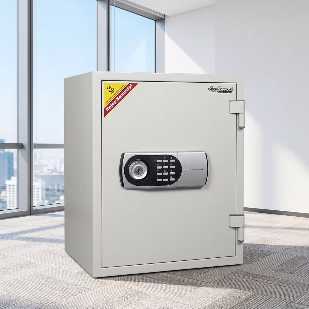Diplomatic fireproof safe with electronic keypad lock, secure steel body, and fire-resistant protection for documents and valuables.