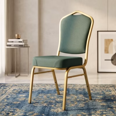 Green heavy duty banquet chair with padded fabric seat, upholstered backrest, and gold metal frame for event seating.