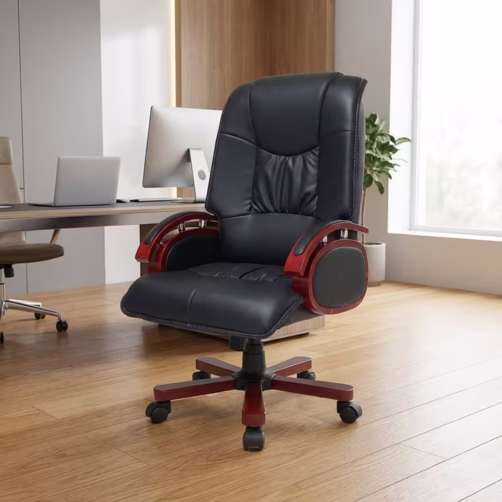 Directors reclining office seat with black leather upholstery, rich mahogany armrests, cushioned high back, and wooden swivel base.