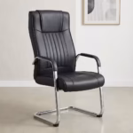 Executive leather boardroom seat with black high-back upholstery, padded armrests, vertical stitching and polished chrome cantilever frame.