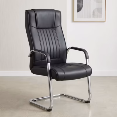 Executive leather boardroom seat with black high-back upholstery, padded armrests, vertical stitching and polished chrome cantilever frame.