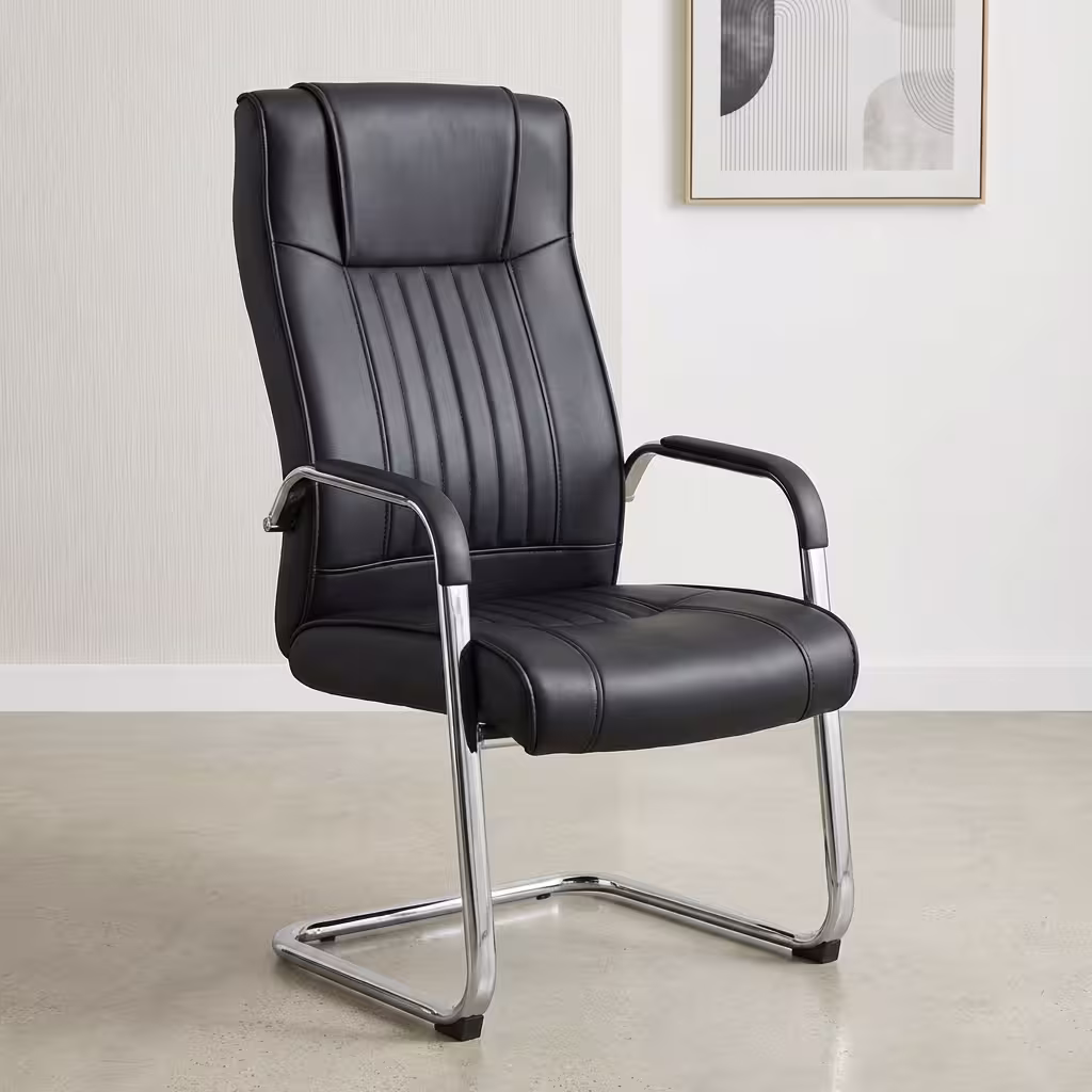 Executive leather boardroom seat with black high-back upholstery, padded armrests, vertical stitching and polished chrome cantilever frame.
