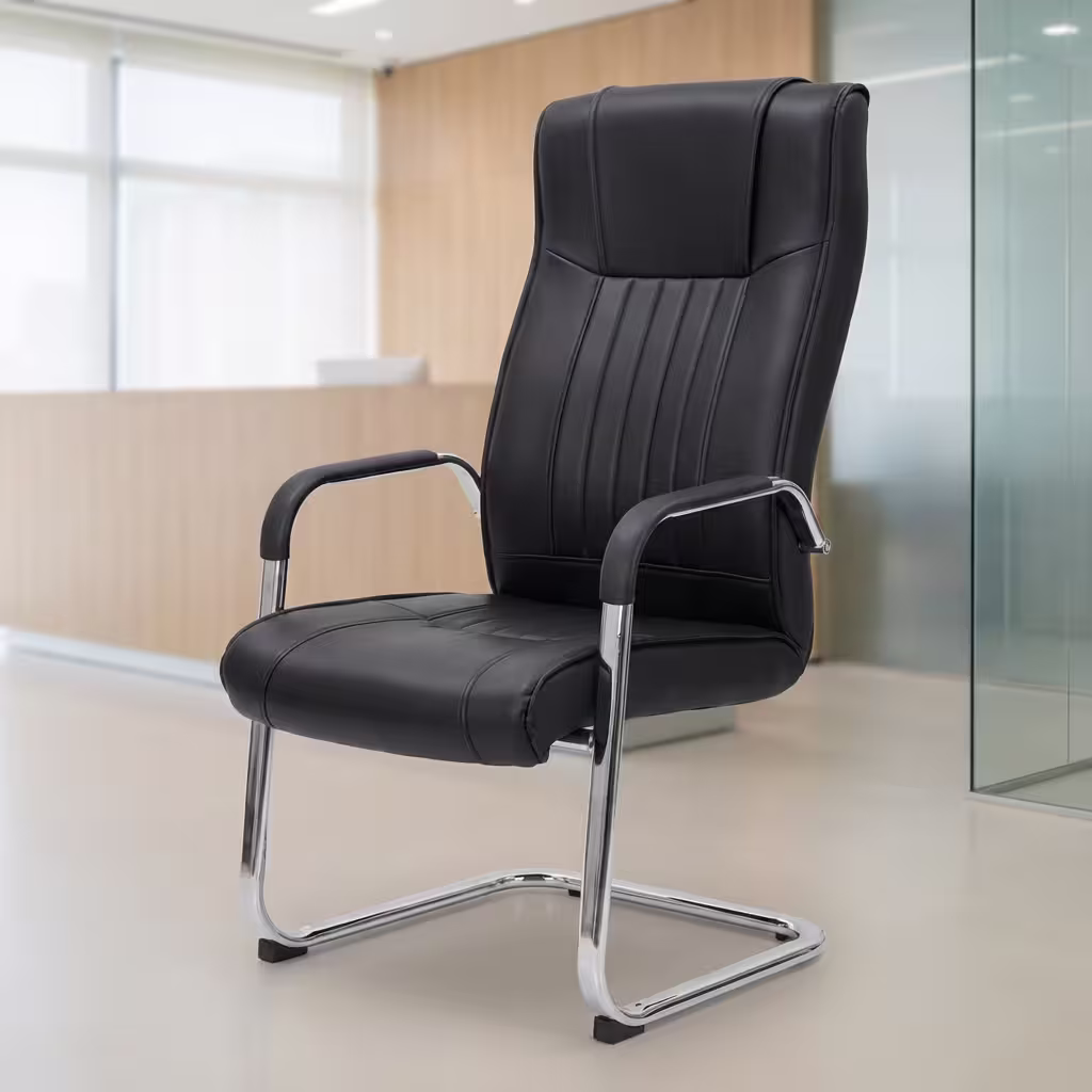 Executive leather boardroom seat with black high-back upholstery, padded armrests, vertical stitching and polished chrome cantilever frame.