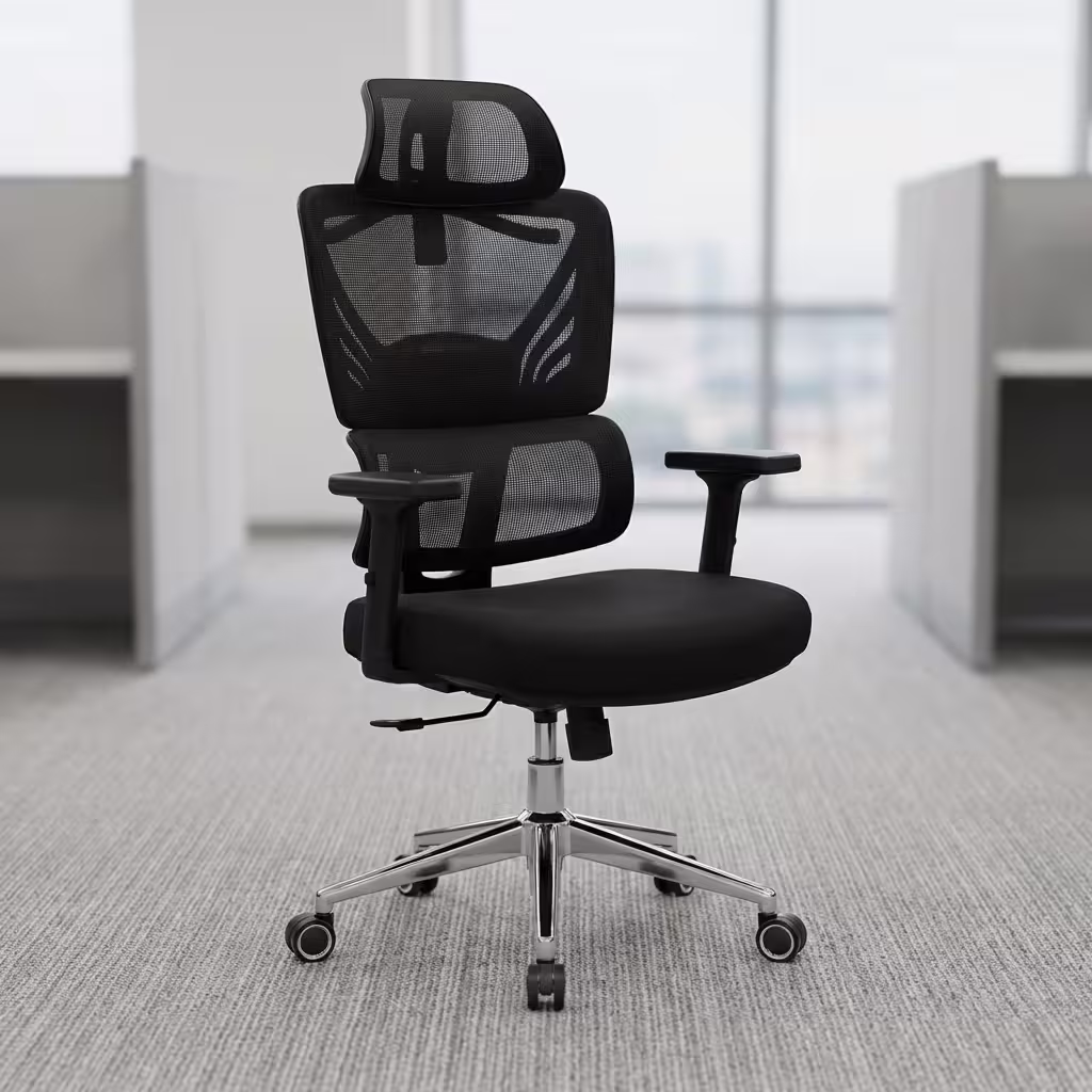 Black orthopedic mesh office chair with cushioned seat and chrome base