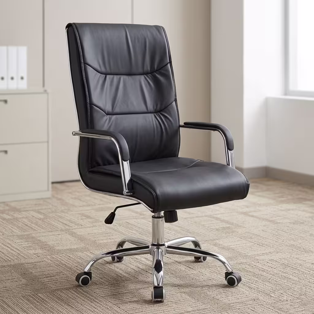 Black leather swivel office chair with cushioned seat and chrome armrests