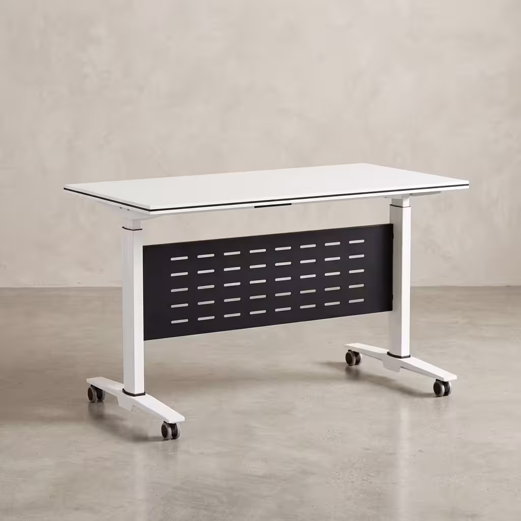 Mobile Training Table with white tabletop, perforated modesty panel, and caster wheels designed for training rooms, classrooms, and modern office workspaces.