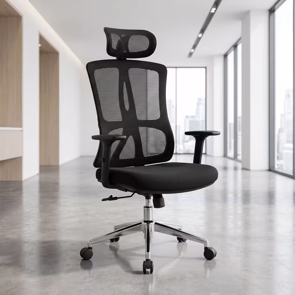 Black mesh office chair with high backrest, mesh headrest, padded seat, armrests, chrome five-star base and caster wheels.